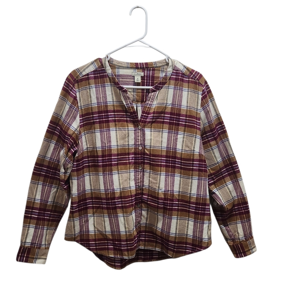 L.L. Bean Burgundy Tan Plaid Flannel Button Up Mandarin Band Collar Womens M